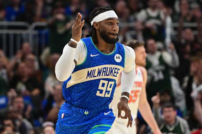Milwaukee Bucks forward Jae Crowder (99) reacts after scoring a 3-point basket